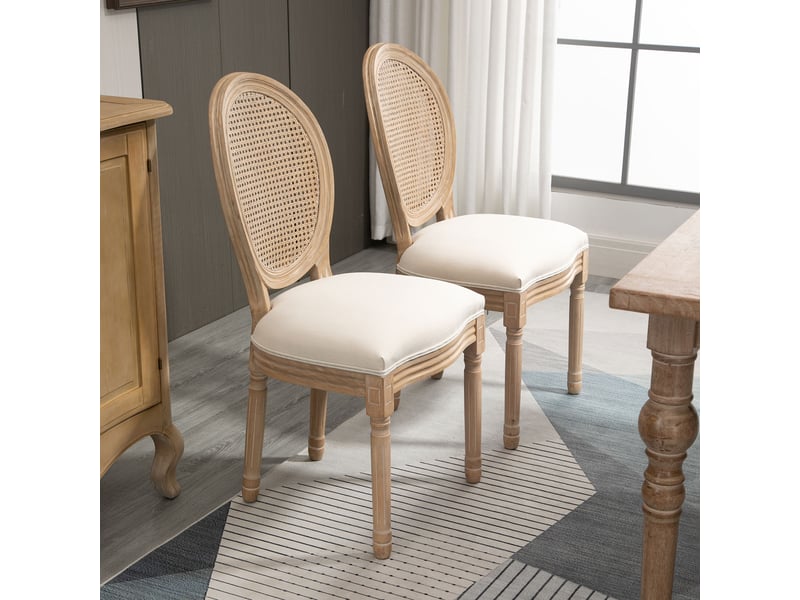  Lot de 2 chaises de salle à manger - chaise de salon médaillon style louis xvi - bois massif sculpté, patiné - aspect lin crème - dossier cannage  - Conforama W