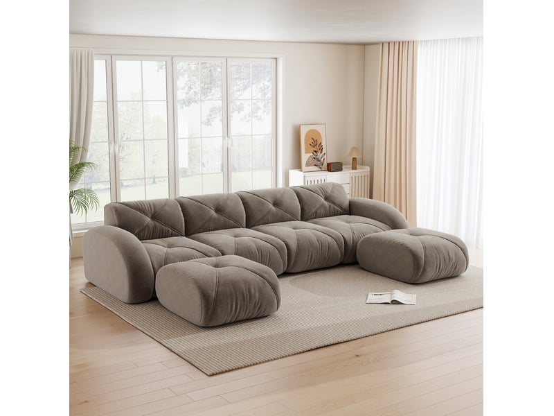  Canapé modulable en u 4 places avec 2 poufs en chenille taupe  - Conforama E