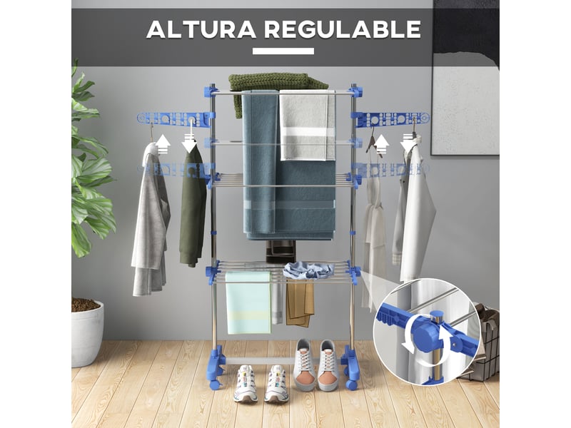  Étendoir à linge vertical à 3 niveaux avec 6 roues, 2 côtés rabattables, étagères réglables et structure en acier inoxydable - bleu  - Conforama E