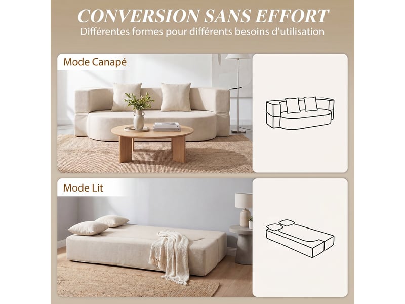  Canapé convertible 2 places, canapé-lit en chenille 190cm, dossier rabattable, beige, assise et accoudoirs larges  - Conforama D