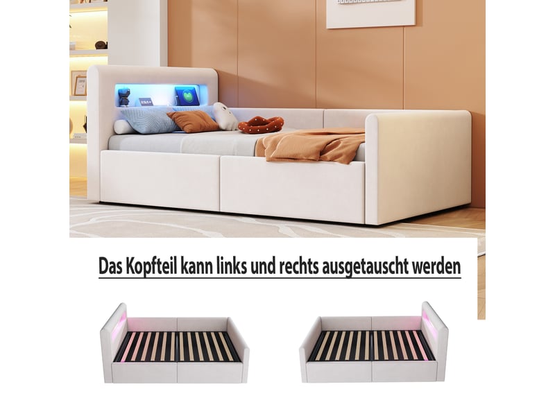 Lit coffre enfant 90x200 cm, led, port usb, espace de rangement, sommier, velours beige, sans matelas - Conforama D