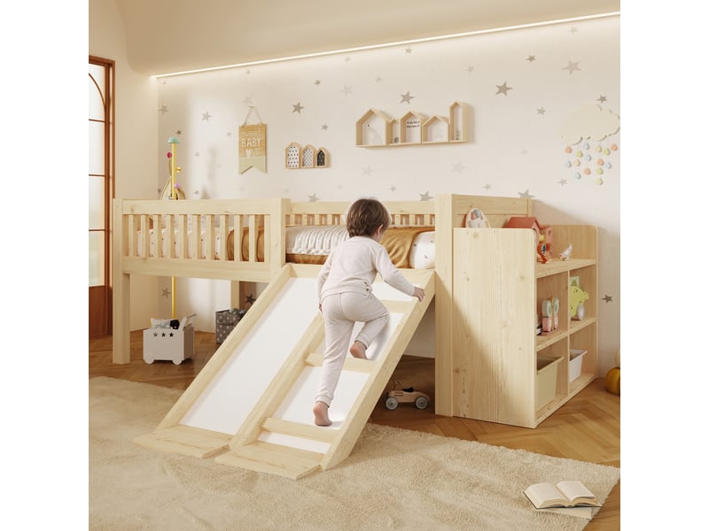 Lit mezzanine enfant 90x200 cm avec toboggan, en bois mdf et pin naturel, avec rangement intégré et espace jeu pour chambre enfant IKSETERA TRADING LTD - Conforama D