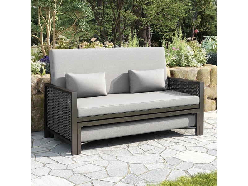 Canapé de jardin 2 places convertible bain de soleil, dossier réglable 5 positions, gris - Conforama W