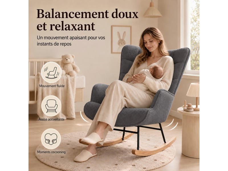 Kefsr fauteuil à bascule teddy gris foncé avec dossier carreauté, rocking chair moderne en polaire douce, structure métal robuste et patins bois, fauteuil relax pour salon chambre lecture, 75x68x92cm - Conforama D
