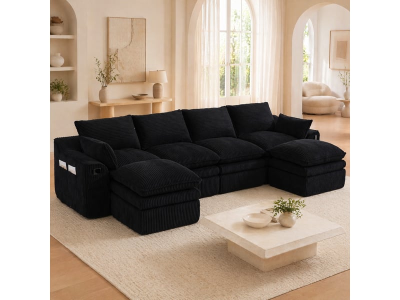  Canapé modulable ulevr 4 places en velours côtelé noir 335 x 167 x 85 cm, avec 2 poufs et poches latérales  - Conforama E