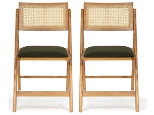 Lorenzo - lot de 2 chaises pliantes frêne massif, cannage et tissu bouclette - best mobilier - chêne et vert kaki