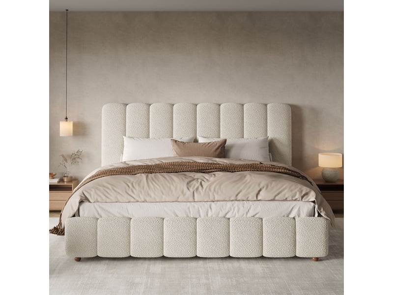  Lit double rembourré 160 x 200 cm avec coffre hydraulique, tête de lit capitonnée et pieds en bois massif, bouclé blanc  - Conforama D