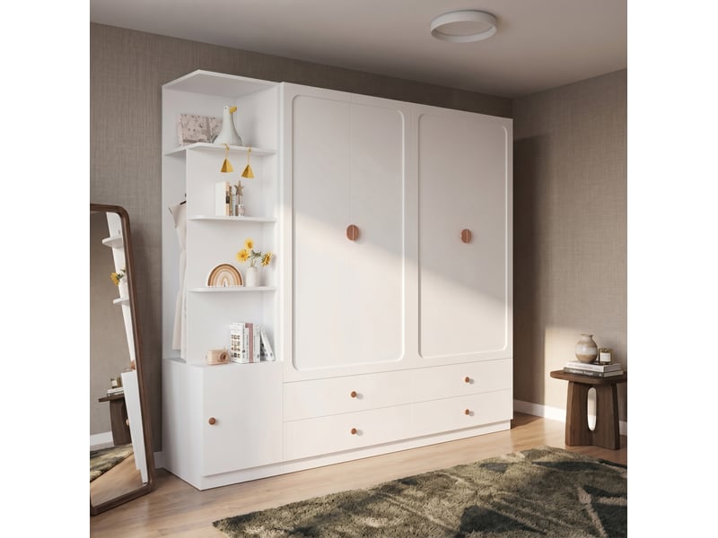  Armoire à portes battantes 225x45x200 cm 4 tiroirs mdf bois métal blanche  - Conforama E