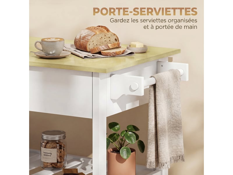  Desserte de cuisine à roulettes, îlot central cuisine avec plan de travail, tiroir, étagères, blanc, porte-serviettes  - Conforama R