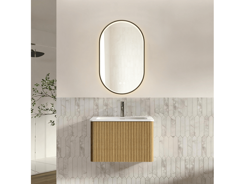  Meuble vasque suspendu 61 cm avec miroir led ovale, un tiroir, coloris chêne  - Conforama B