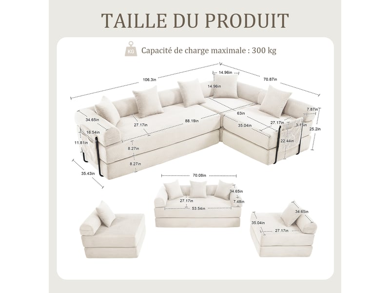  Canapé modulable beige en velours côtelé 270x180x64 cm, compressé, rangement latéral, convertible salon séjour bureau W2845S00497 - Conforama C