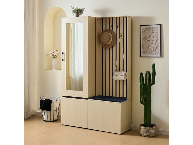  Meuble d'entrée vestiaire avec miroir et banc - 113.5x35x179.5cm - meuble rangement et patères - bois  - Conforama C