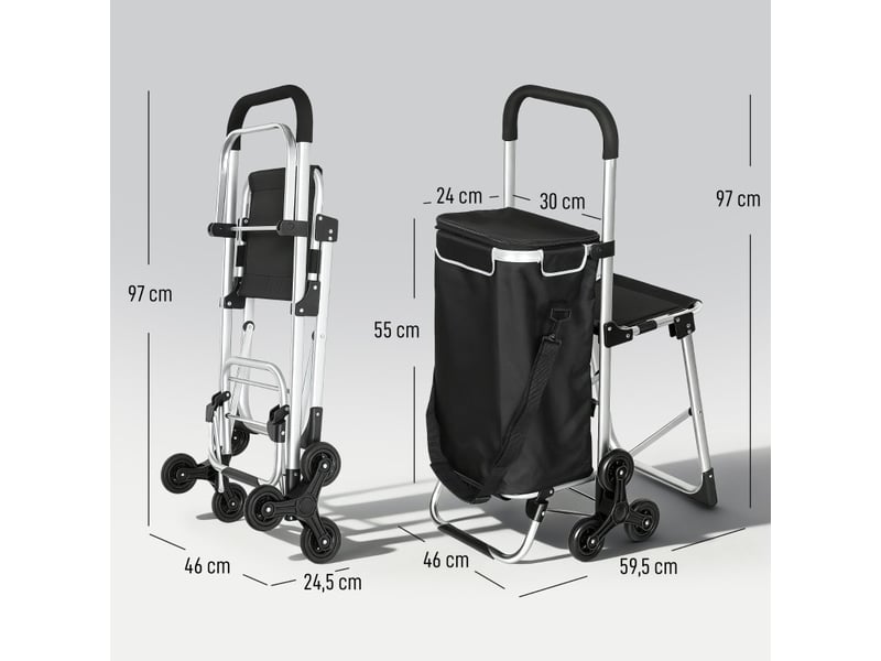  Chariot de courses 3 roues 59,5x46x97 cm – noir – sac oxford 40 l, siège pliant, cadre aluminium pliable  - Conforama B
