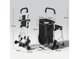 Chariot de courses 3 roues 59,5x46x97 cm – noir – sac oxford 40 l, siège pliant, cadre aluminium pliable