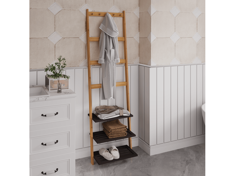 Portant échelle à serviettes en bambou naturel 52 x 28,5 x 183 cm – naturel – 5 crochets et 3 étagères - Conforama B