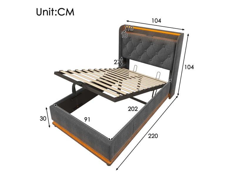  Lit 1 personne 90x200 cm avec led et usb, cadre de lit avec matelas et tête de lit en lin, lit simple, gris  - Conforama D