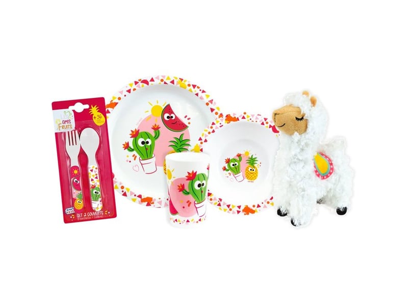  Dinette imitation les amis fruits avec assiettes ø16 et ø22, tasse 220 ml, couverts et peluche lama 27 cm 006573 - Conforama A