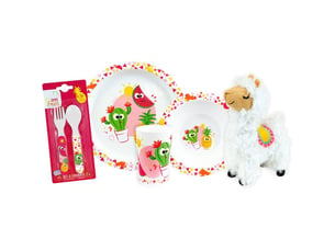 Dinette imitation les amis fruits avec assiettes ø16 et ø22, tasse 220 ml, couverts et peluche lama 27 cm