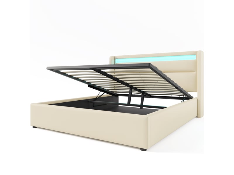 Lit coffre hydraulique 160 x 200 cm blanc en pu avec éclairage led - Conforama A