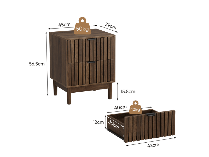  Table de chevet 2 tiroirs design lattes 45x39x56,5 cm, pieds en bois, poignées métal, mdf, noyer foncé  - Conforama C