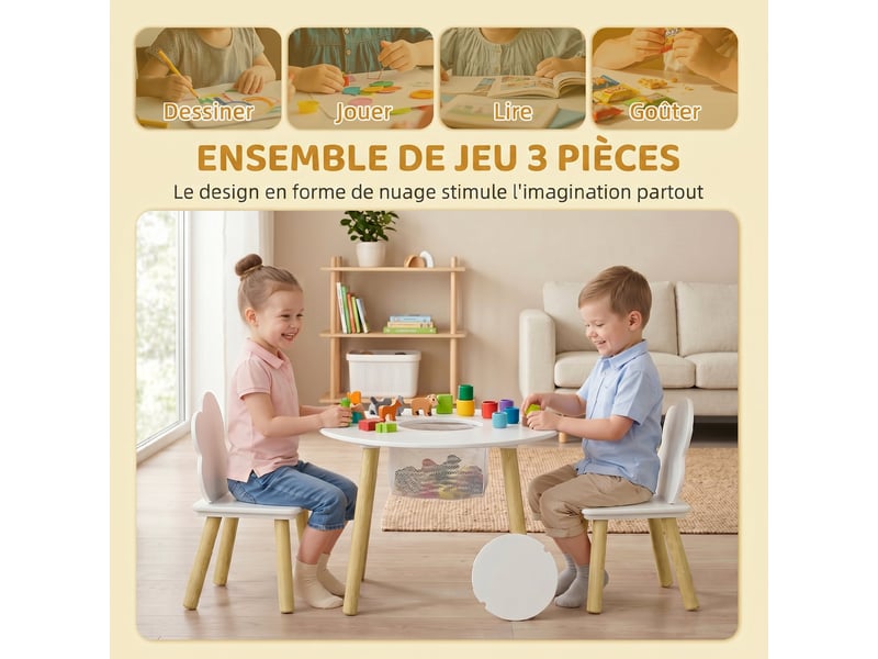  Table enfant avec chaise, ensemble table et 2 chaises en bois avec sac de rangement pour dessiner, jouer, blanc, étudier  - Conforama A