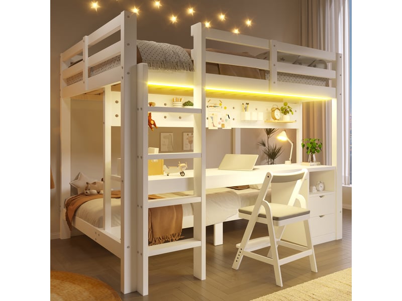 Lit superposé enfant modenvie 140 x 200 et 90 x 200 cm avec bureau, tiroirs, panneau perforé et led blanc naturel - Conforama B