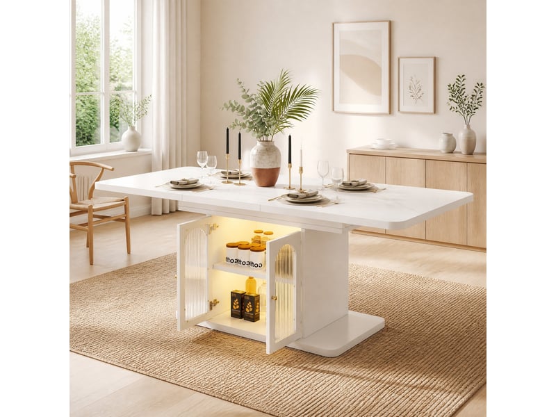  Table de salle à manger extensible avec rangements et éclairage led, pour 6 à 8 personnes, style scandinave, blanc, en mdf  - Conforama C