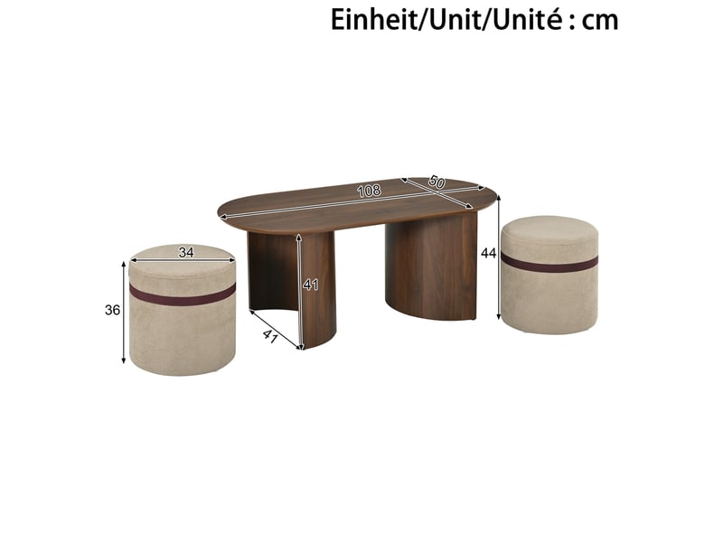  Table basse ovale avec 2 tabourets rembourrés, plateau mdf, style moderne pour salon, noyer 108 × 50 × 44 cm  - Conforama C