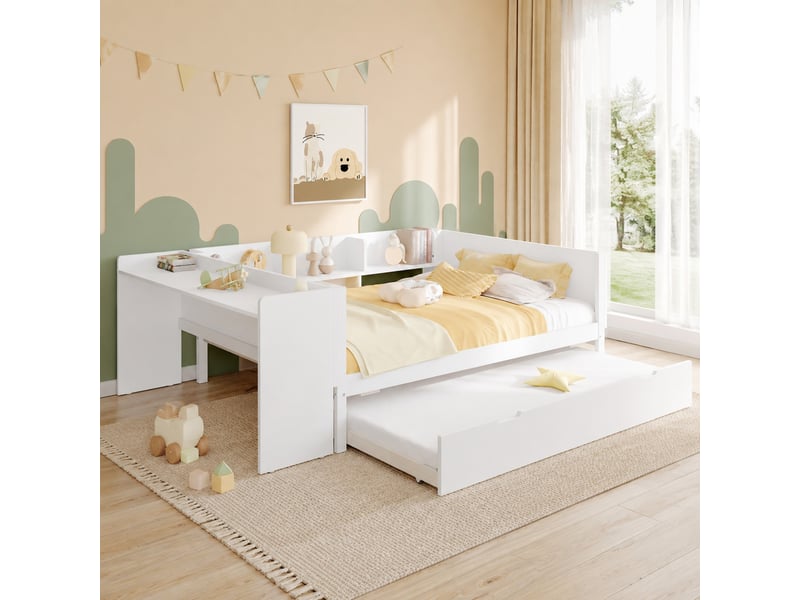  Lit gigogne 140x200 cm avec bureau et étagères en pin blanc  - Conforama D