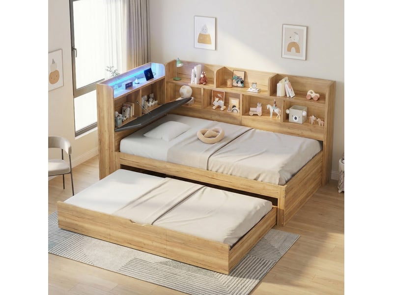  Lit enfant 90x200 cm avec lit gigogne 90x190 cm, led et ports usb, naturel  - Conforama E