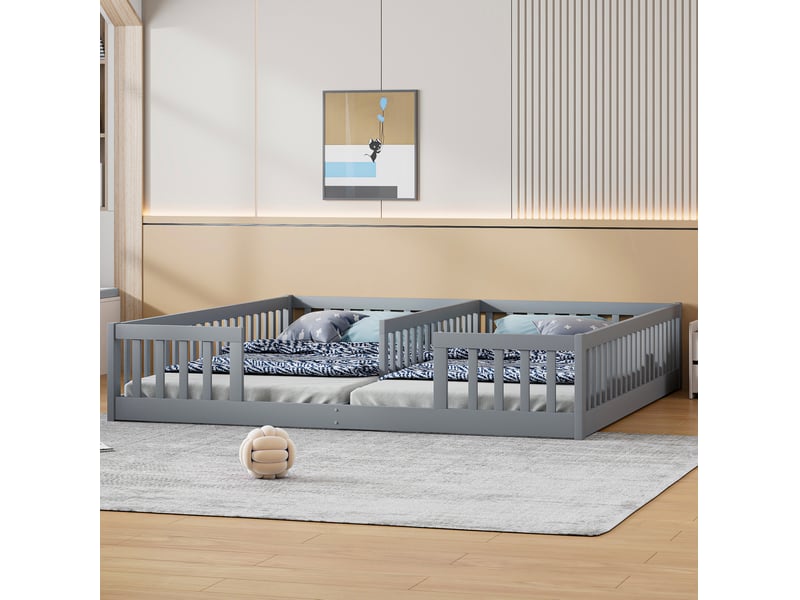  Lit enfant pour deux 90 x 200 cm, barrières de sécurité, sommiers à lattes, gris  - Conforama D