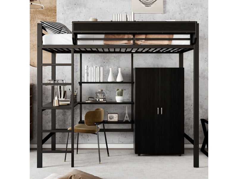  Lit mezzanine 90x200cm avec bureau et armoire - lit simple - etagères, escalier 5 marches, métal noir, gain de place  - Conforama A
