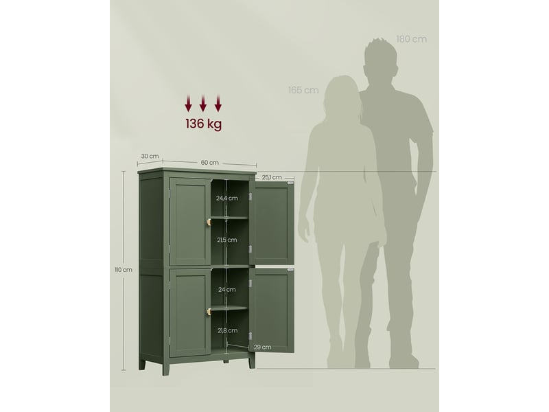  Armoire de salle de bain placard de cuisine meuble de rangement avec 2 tiroirs et 2 portes étagères réglables 30 x 60 x 110 cm vert 12_0004026  - Conforama B