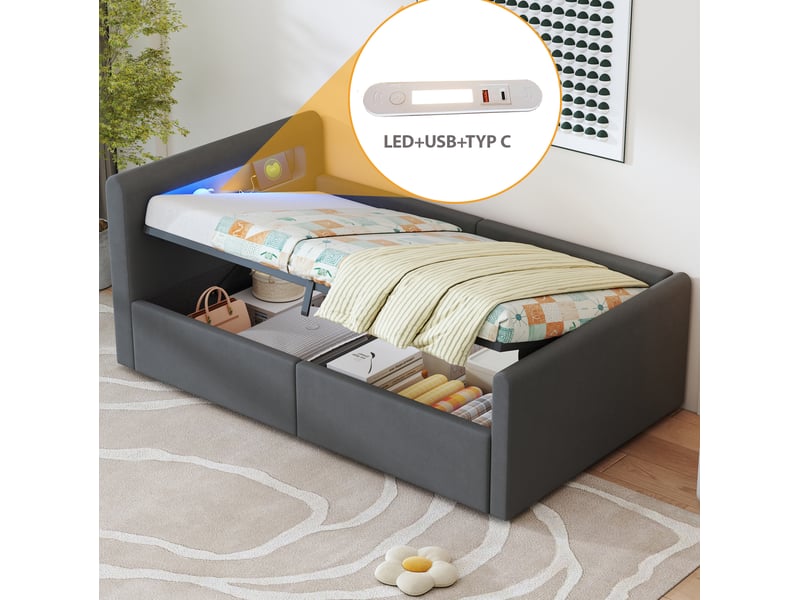  Lit rembourré enfant tcqpz 90 x 200 cm led, lampe de nuit, usb, rangement hydraulique, velours gris foncé  - Conforama D