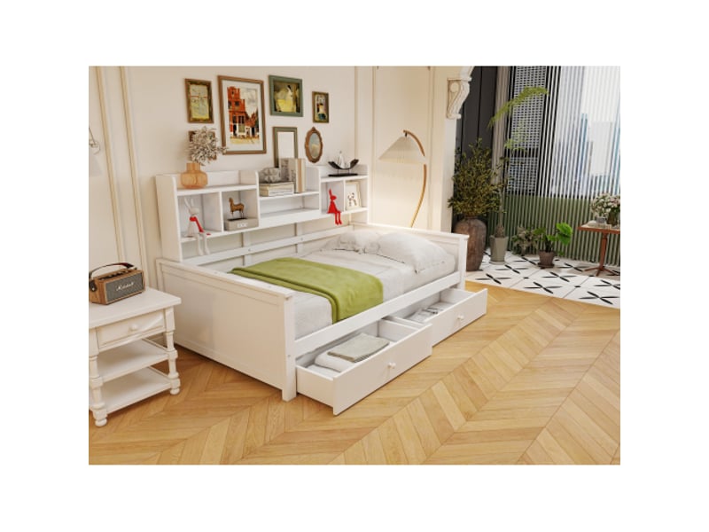  Canapé-lit 90x200 cm avec tiroirs et étagères – lit enfant bois massif blanc  - Conforama E