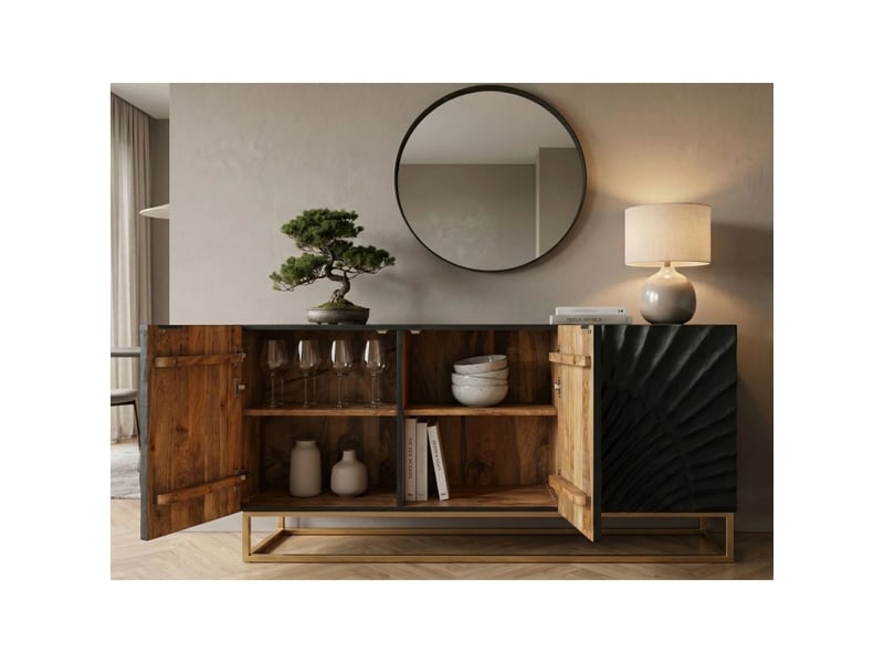  Buffet bas silva 3 portes noir et doré en bois massif de manguier sculpté – 140 x 75 x 38 cm  - Conforama E