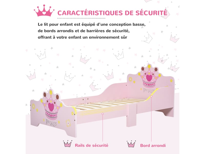  Lit enfant 140 x 70 cm - lit d'enfant design princesse motif couronne - mdf contre-plaqué rose - sommier à lattes inclus  - Conforama E
