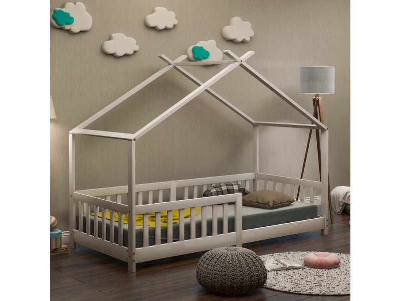  Lit enfant cabane 90x200 cm avec barrière de sécurité et sommier à lattes blanc  - Conforama D