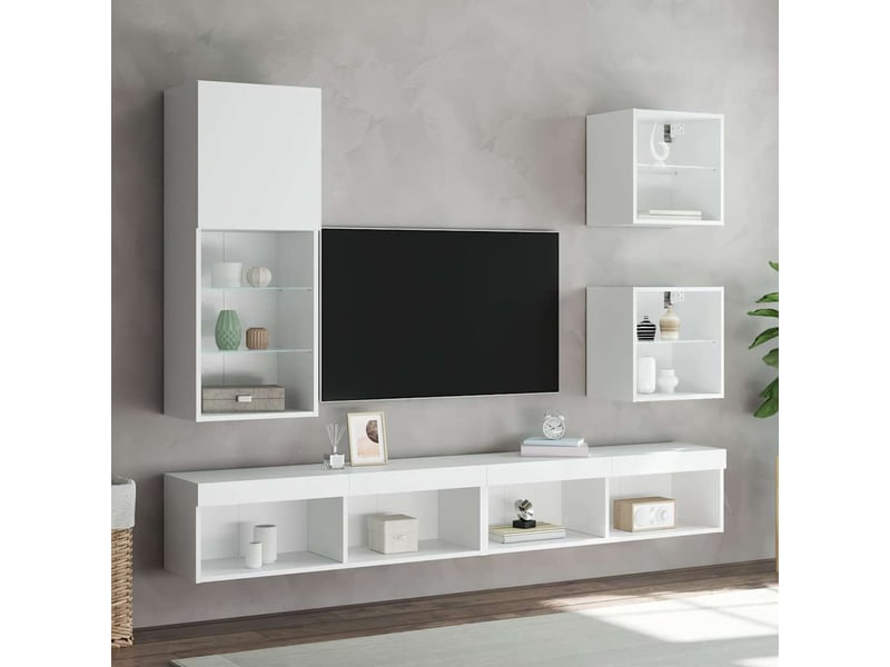  Unités murales tv avec led 5 pcs blanc bois d'ingénierie shl99576  - Conforama D