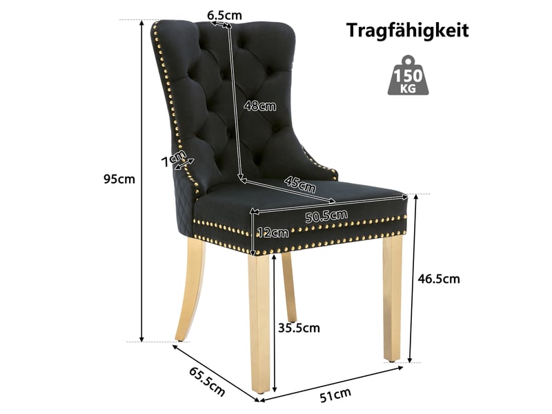  Lot de 6 chaises de salle à manger 50,5x45x95 cm, velours noir, anneau rond décoratif, pieds métalliques dorés  - Conforama C