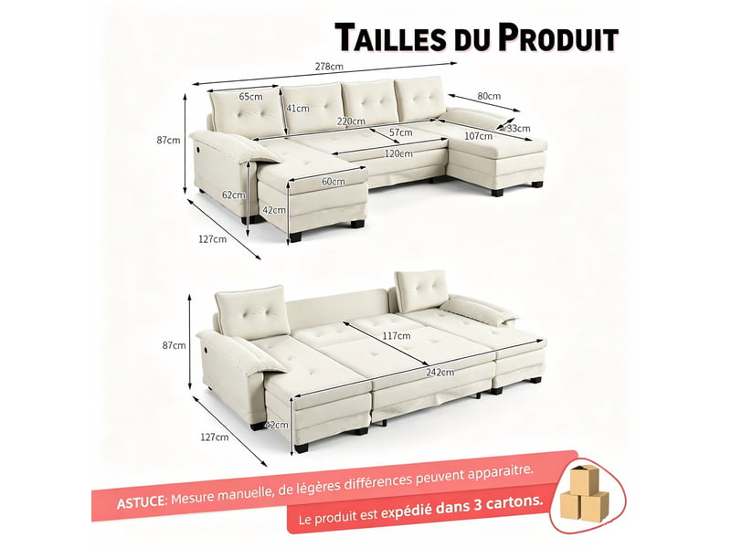  Canapé panoramique en u convertible 278 cm en tissu chenille beige, lit gigogne, port... IKSETERA TRADING LTD - Conforama C