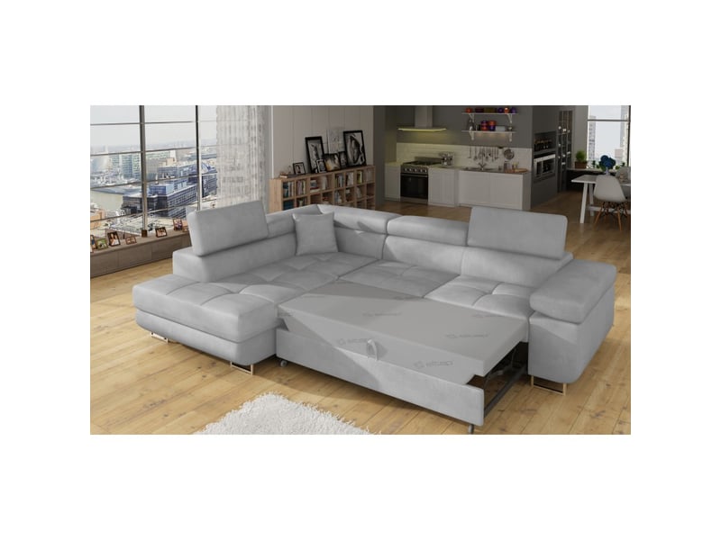 Canapé d'angle convertible menton gris – angle gauche avec coffre  - Conforama D