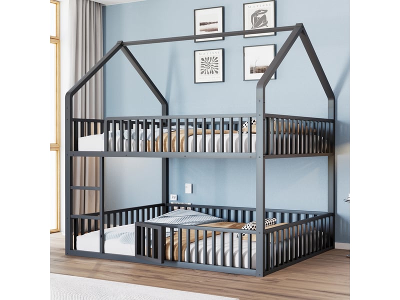  Lit superposé cabane enfant 140 x 200 cm avec escalier, petite porte et barrières de sécurité, structure en métal, noir, design gain de place  - Conforama B