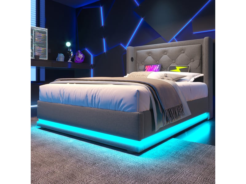  Lit coffre enfant 90x200 cm avec led, port usb type-c, tête de lit et cadre en métal, sommier inclus, coton, gris, sans matelas  - Conforama W