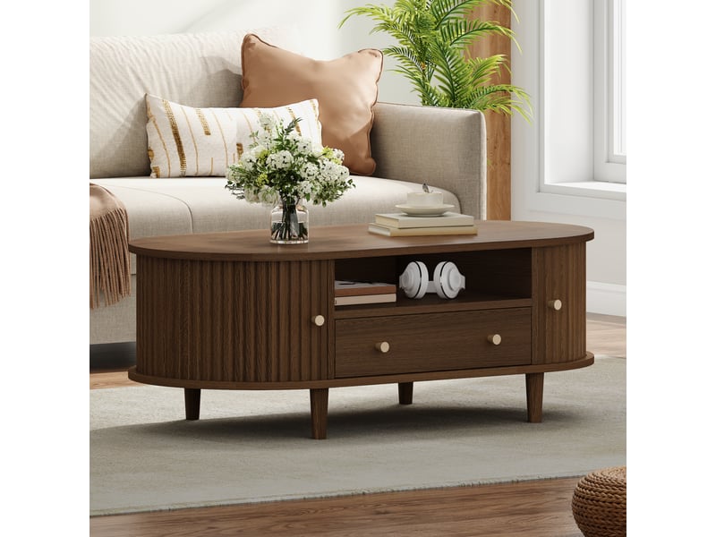  Table basse ovale 100x50x36 cm avec tiroir et porte à rideau en mdf coloris noyer  - Conforama B