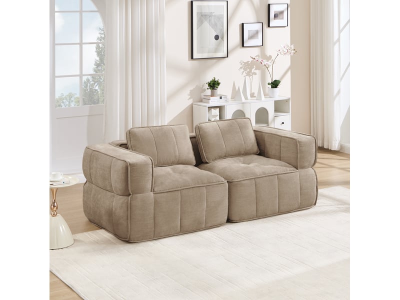  Canapé droit modulable 2 places sans montage avec assise profonde et accoudoirs larges en polyester sable  - Conforama B