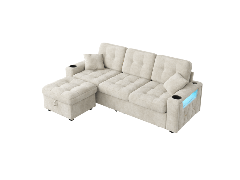  Canapé d'angle multifonction 3 places 194x133x83 cm en chenille - usb-c porte-gobelets led 2 tiroirs roulants pouf coffre - beige BUYDEEMEUS - Conforama A