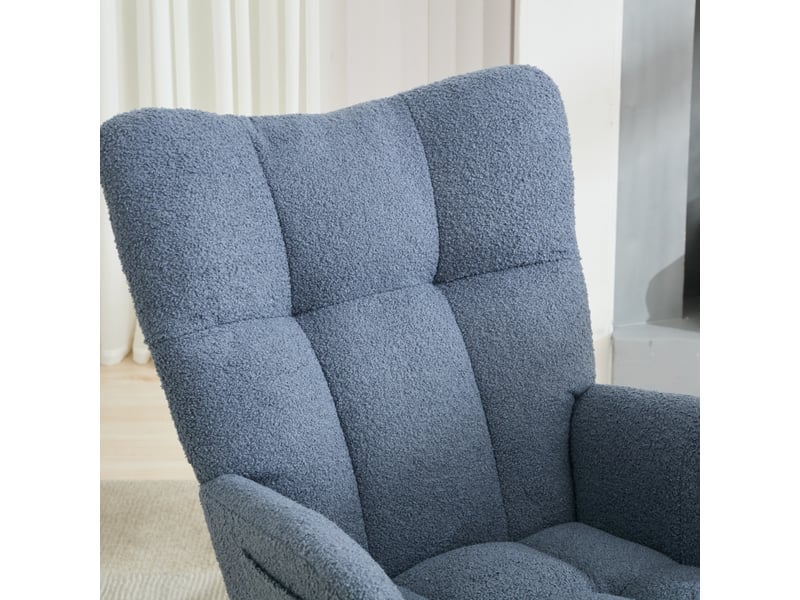  Fauteuil à bascule en tissu bouclette avec poche, fauteuil d'allaitement bleu marine, base en bois massif, 65x77x90 cm  - Conforama R