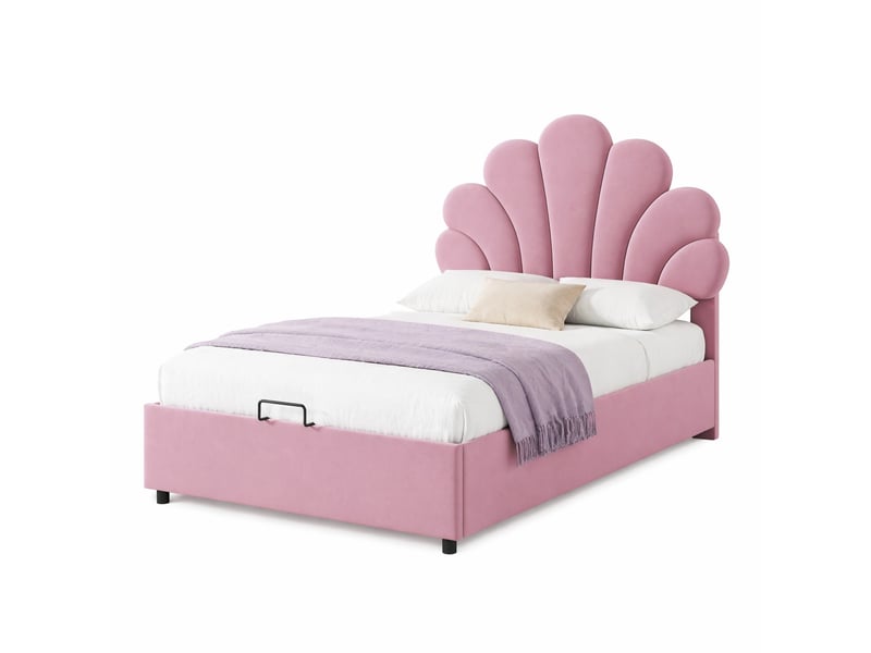  Lit coffre simple 200×90 cm avec rangement hydraulique et tête de lit fleurie, sommier à lattes, sans matelas, en velours rose  - Conforama A
