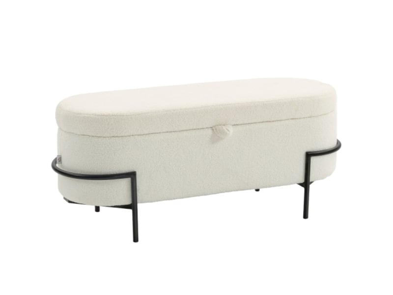  Pouf coffre crème avec couvercle, rangement, pieds en acier et revêtement en tissu polaire  - Conforama A